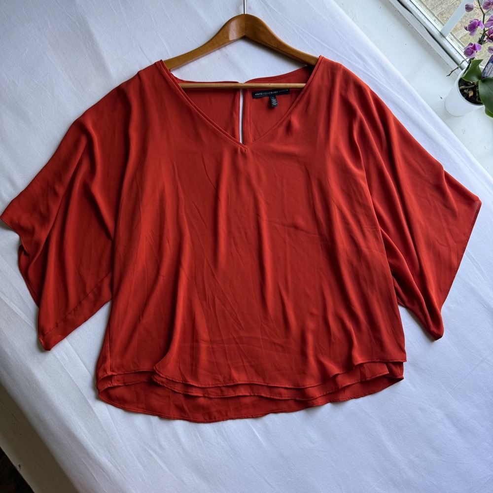 White House Black Market Rust Orange V-Neck Kimono Sleeve Keyhole Blouse Large